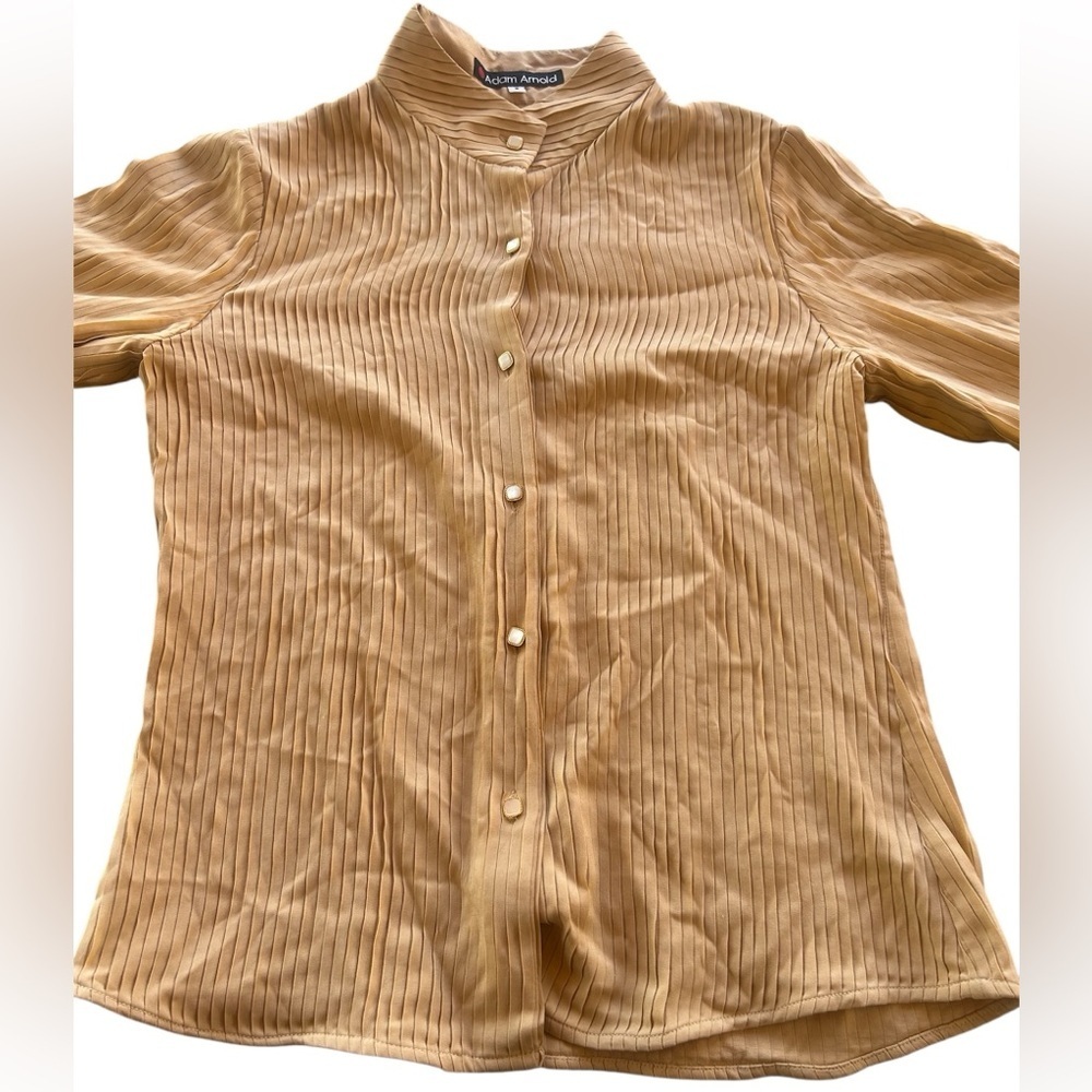 Adam Arnold Couture Tan Button-Up Top Pleated Blouse Pearl Gold Button Mock Neck